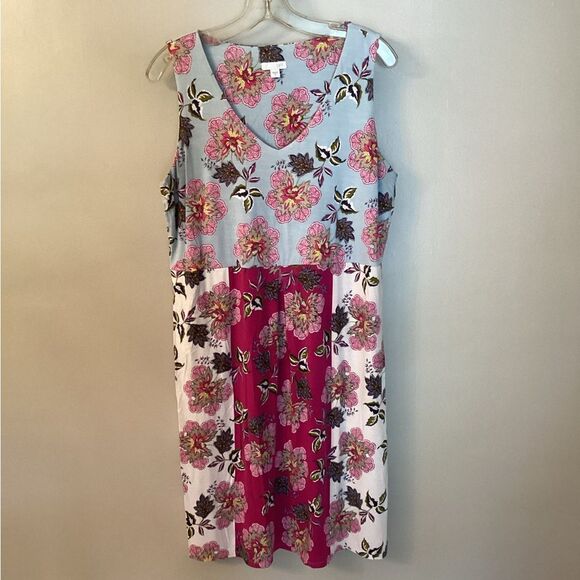 J JILL SIZE MEDIUM MIXED FLORAL PRINT SLEEVELESS V NECK JERSEY DRESS W POCKETS - Picture 2 of 8